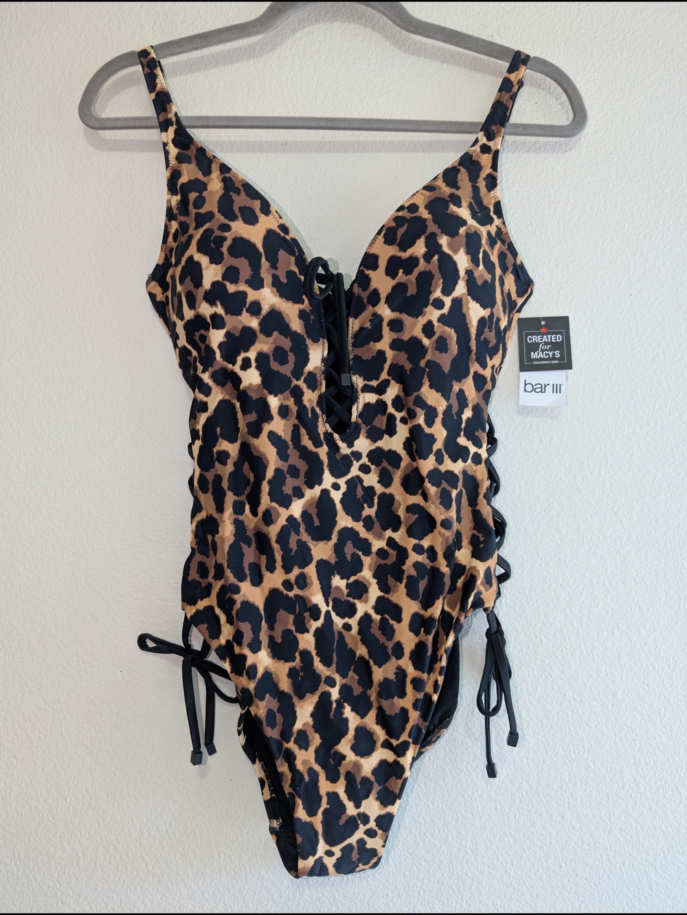NWT Bar III® Women's Lace-Up Cheetah Print Swimsuit Macy's Summer Size Large